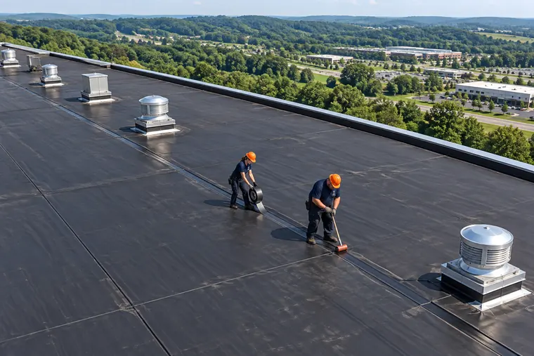 Roofer working on a black EPDM rubber membrane on a commercial roof
