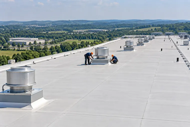 Aerial view of roofers on a large industrial roof with rooftop equipment