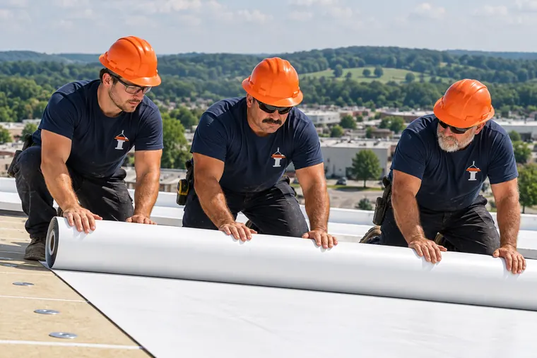 Roofing crew working on a white TPO membrane across a low-slope commercial roof